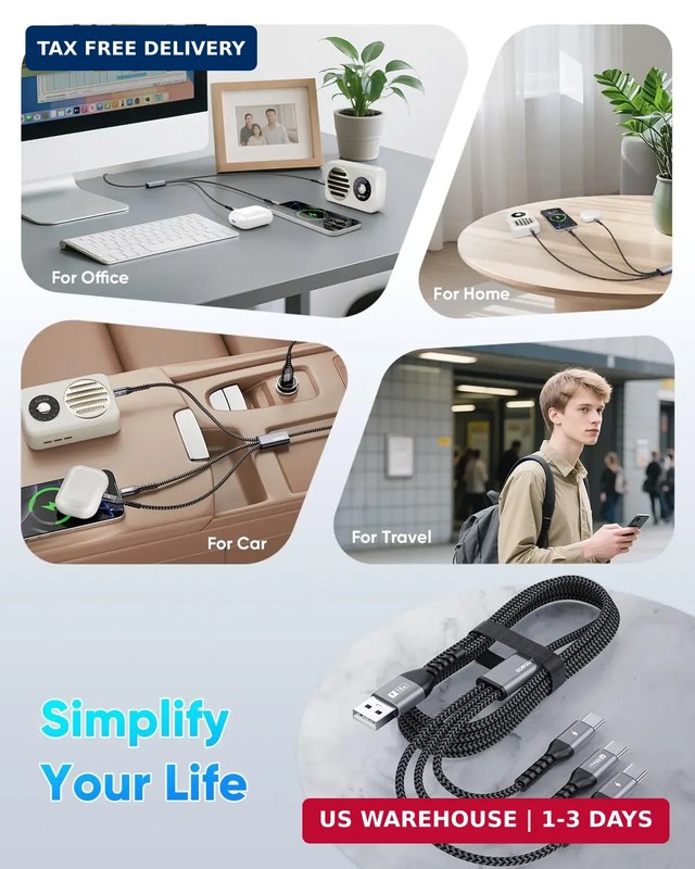 SUNGUY USB C Multi Charging Cable 4FT, QC3.0 USB C Splitter Cable 3 in 1 chargin gallery