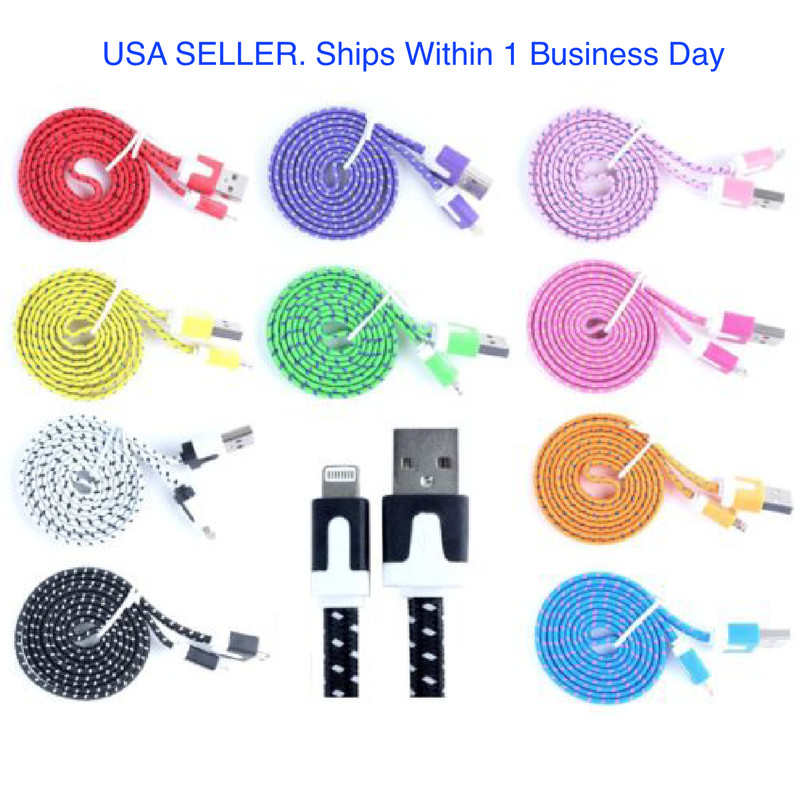 USB Cable Charger Cord Flat Braided For Phone 14, 13, 12, 11, X ,8, 7, 6, 5 Lot