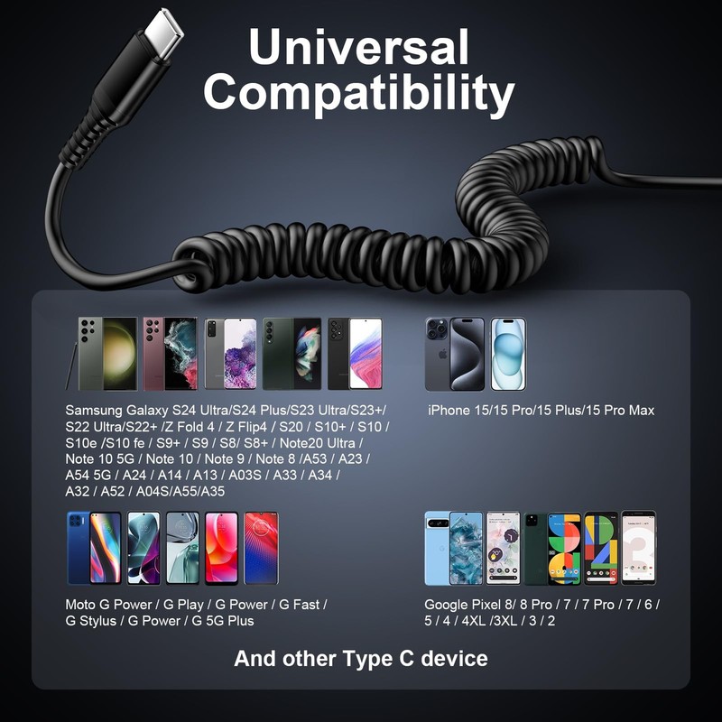 Android Auto USB C Cable Fast Charging Cord Samsung S25 FE Coiled USB C to USB A gallery
