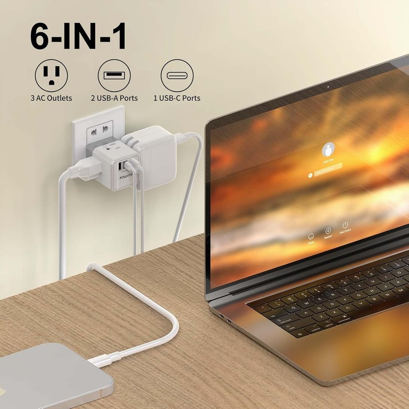 Portable Outlet Splitter with USB Ports USB C Travel Wall Charger Cruise White gallery