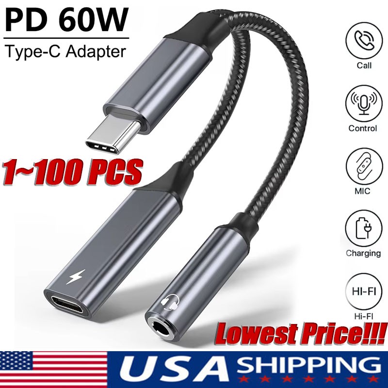 2 in 1 Type-C USB C to 3.5mm AUX Audio Headphone Jack Adapter Charger Cable LOT