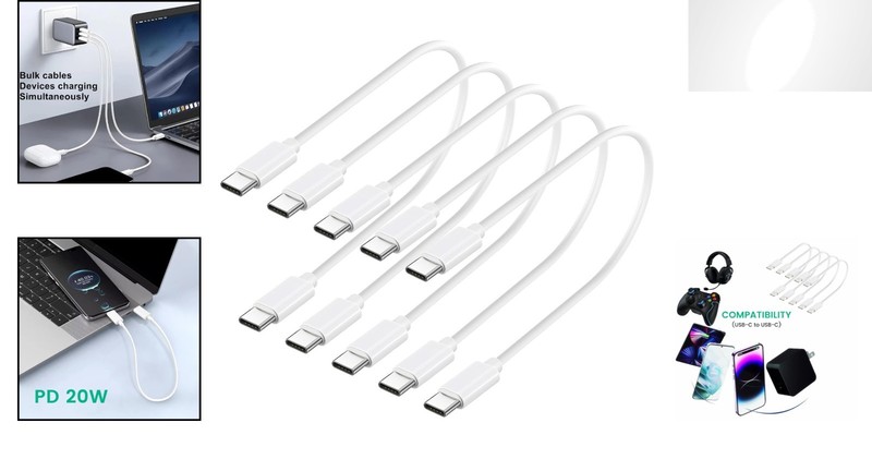 Performance Pack: 5 USB-C to Type-C Fast Charge Cables - 1ft White TPE Wires gallery