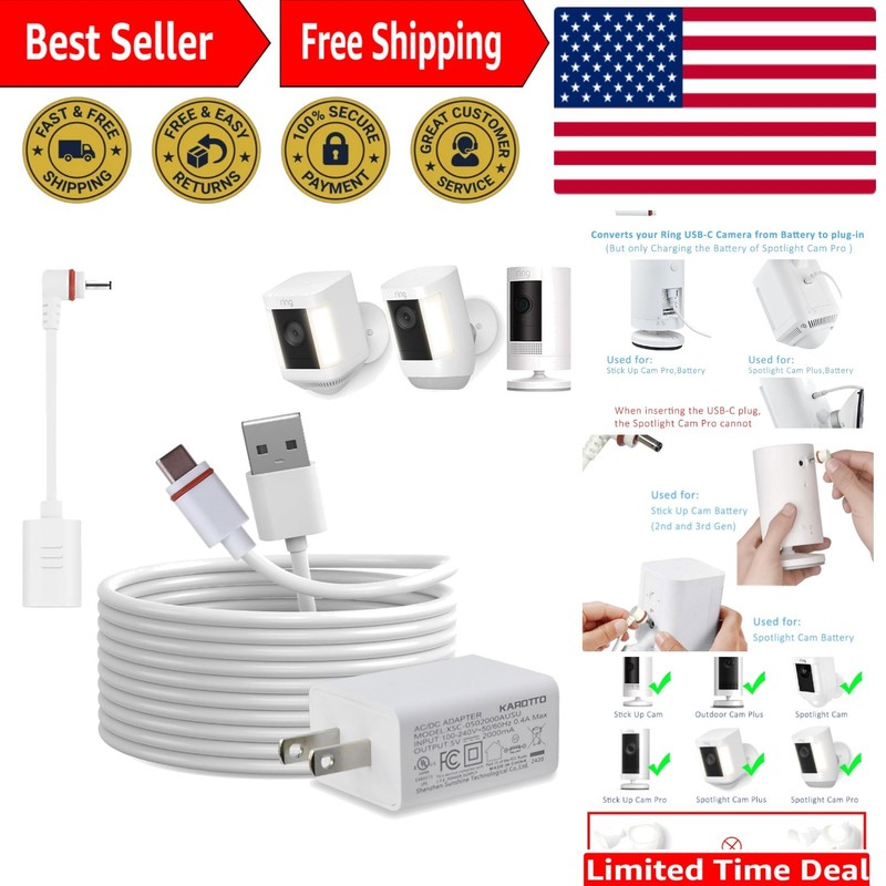 10Ft USB-C Power Cord with Adapter Compatible with Ring Pan-Tilt Mount/Stick …