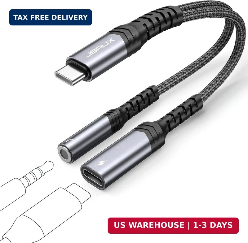 JSAUX USB C to 3.5mm Headphone and Charger Adapter, 2-in-1 Type C to Aux Audio J