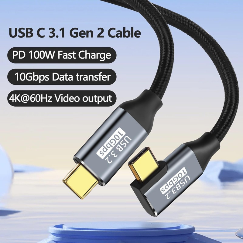 90 Degree Elbow USB C to USB C Cable, 10Gbps USB3.2 Gen2 Type C 100W Nylon Br... gallery