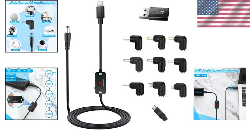 PD Trigger USB C to DC Adapter - 10 Tips, LED Voltage Display, 65W Output gallery