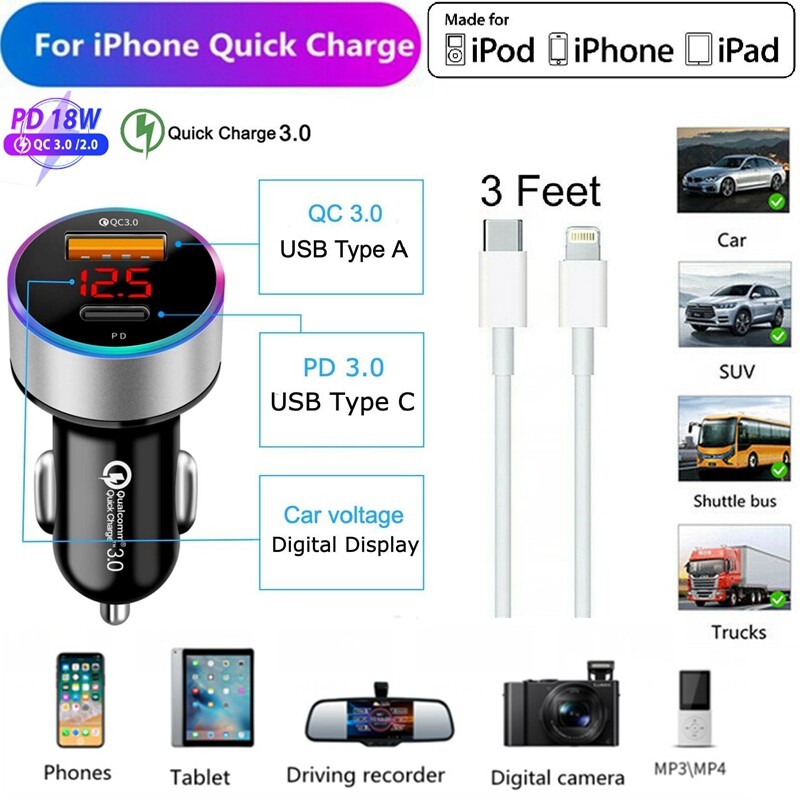18W PD Fast Car Charger iphone USB-C to 8Pin Cable For iPhone 12 11 Pro Max XS X gallery