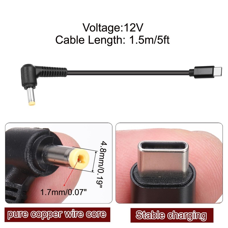 5FT USB to DC PD Power Fast Charging Cable, 4.8mm x 1.7mm 65W/12V DC Power Ca... gallery