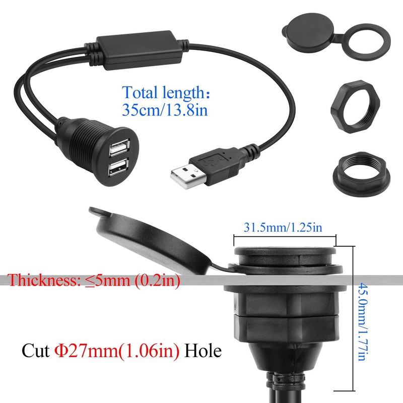 USB 1 to 2 Flush Mount Adapter Short Cable USB2.0 Male to 2 USB2.0 Female Thr... gallery