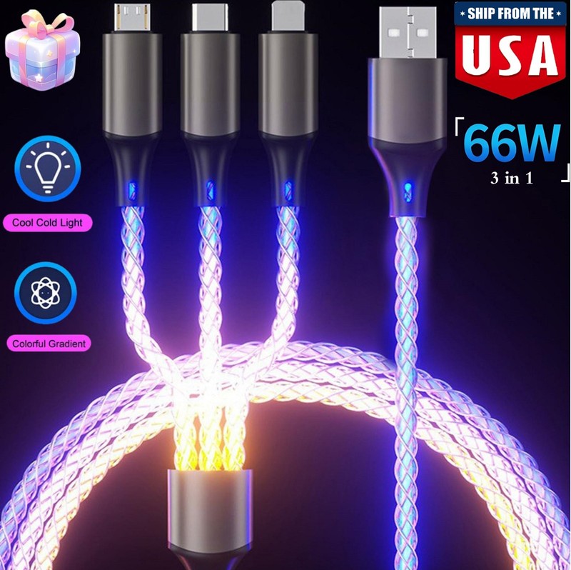 3 in 1 LED Fast Charging Cable for iPhone Micro USB Type C Charger Cord Gift USA