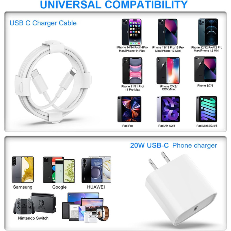 3X 20W Fast Charger Wall Adapter PD Cable For iPhone 14 13 12 11 Pro XR iPad Lot gallery