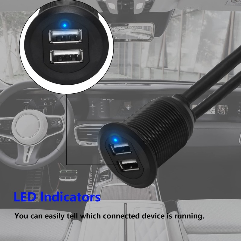 Dual USB 2.0 Male To Female AUX Flush Mount Extension Cable Dashboard 3.3FT gallery