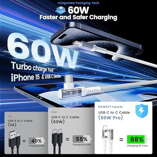 10ft USB C to USB C Charger Cable 60W Fast Charging Cord - Right Angle 2Pack for gallery
