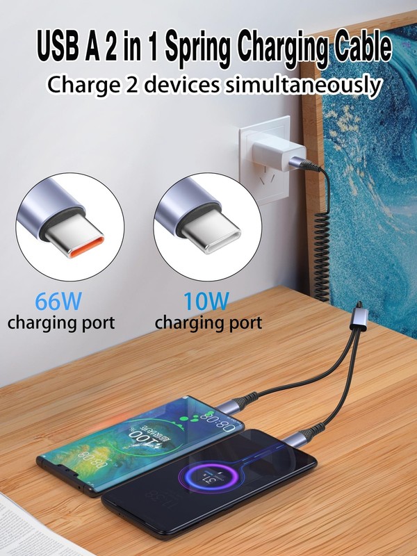 2-in-1 USB A/to Dual USB -Coiled Charger Cable,66W Fast Charging Retractable ... gallery