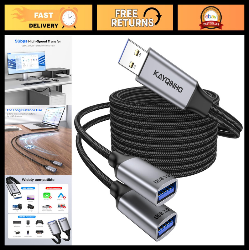 6.6ft USB 3.0 Y Splitter Cable – Dual USB Female Adapter for Data & Charging