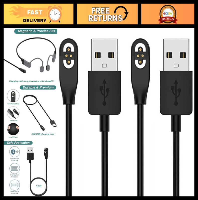 Magnetic Charging Cable for OpenSwim Pro Headphones – 3.3ft/1m, 2-Pack