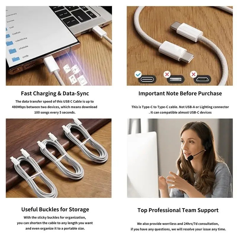 60W USB C to USB C Fast Charging Cable Braided PD Cord for iPhone 15 16 17 gallery
