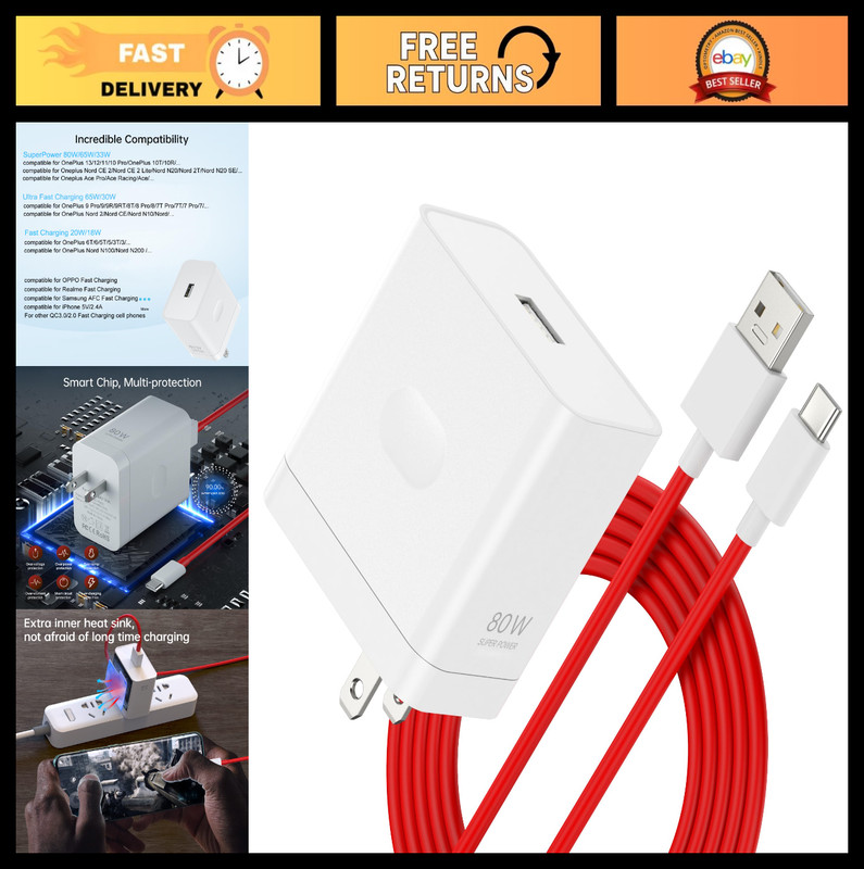 Fast Wall Charger 80W 65W Compatible with OnePlus 15 15R 13 12 11 10 Pro & More,