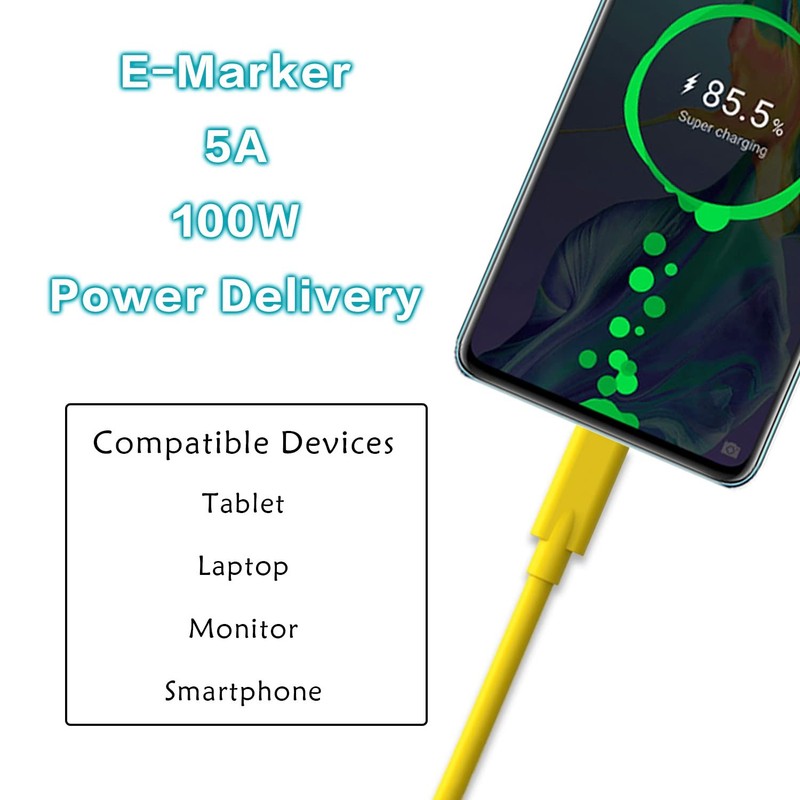 Yellow 3.3Ft 100W PD 10Gbps Fast Charging USB C to C 3.1 Gen 2 Data Cable gallery