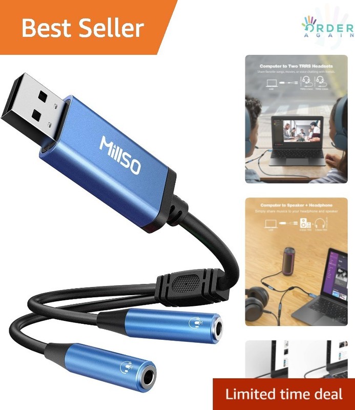 USB to Dual 3.5mm Audio Jack Adapter Stereo Sound Card Splitter for Headphones