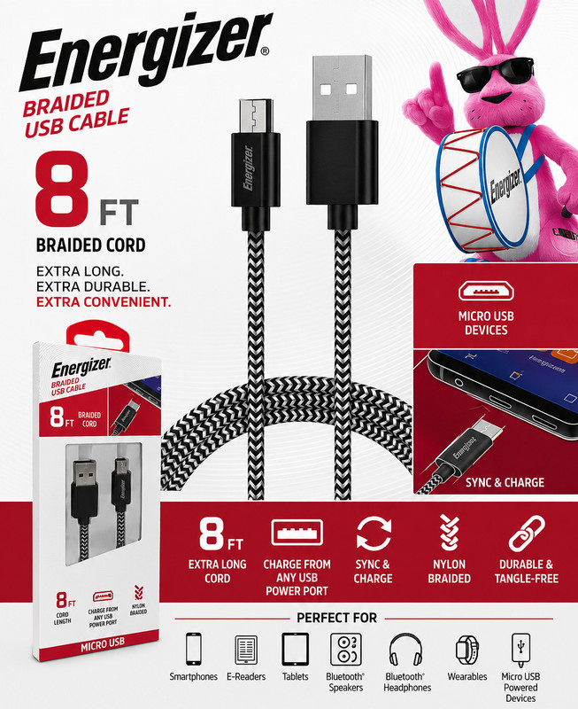 Energizer 8FT Micro USB Cable Nylon Braided Fast Charging Sync Charger Cord New gallery