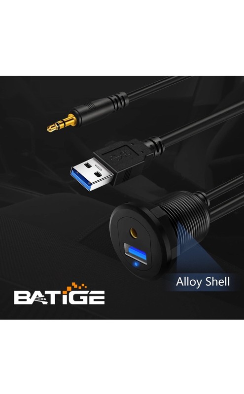 BATIGE Alloy USB 3.0 AUX DC3.5mm Port Car Mount Flush Cable for Car Boat Motorcy