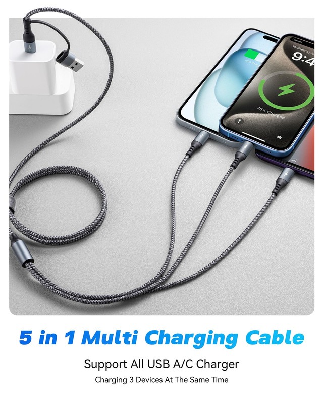 UZAHSK 5 in 1 Multi Charging Cable,1Pack 4Ft USB A/C 1 PACK, Grey gallery