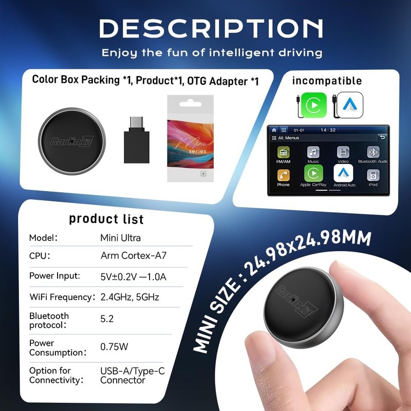 Wireless CarPlay Adapter MINI Ultra3│Plug & Play Convert Wired Carplay to wir... gallery