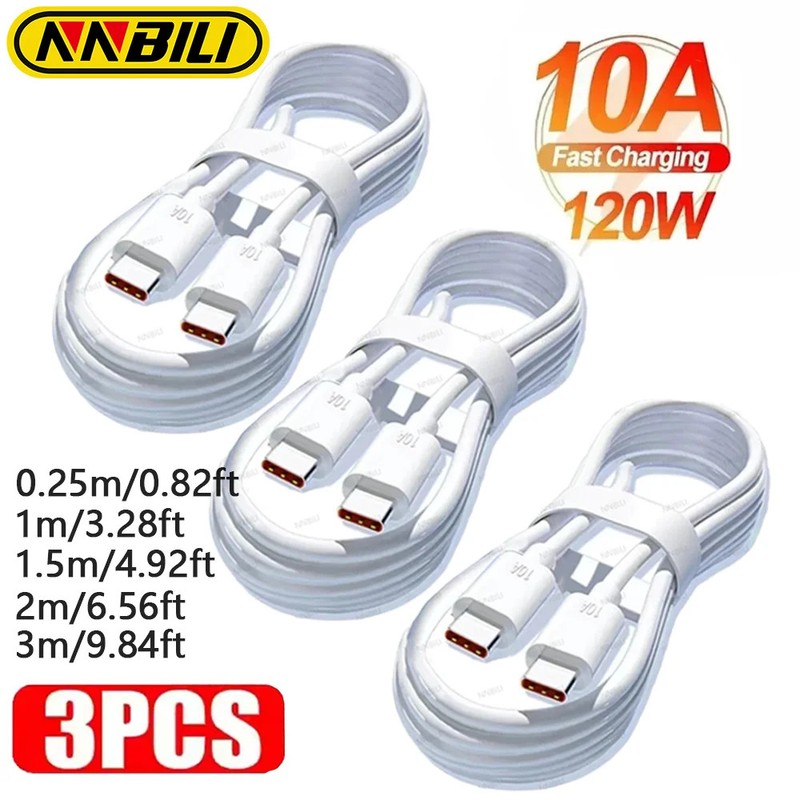 3Pcs 120W 10A Fast Charging USB Type-C to Type-C Cable for Select Devices