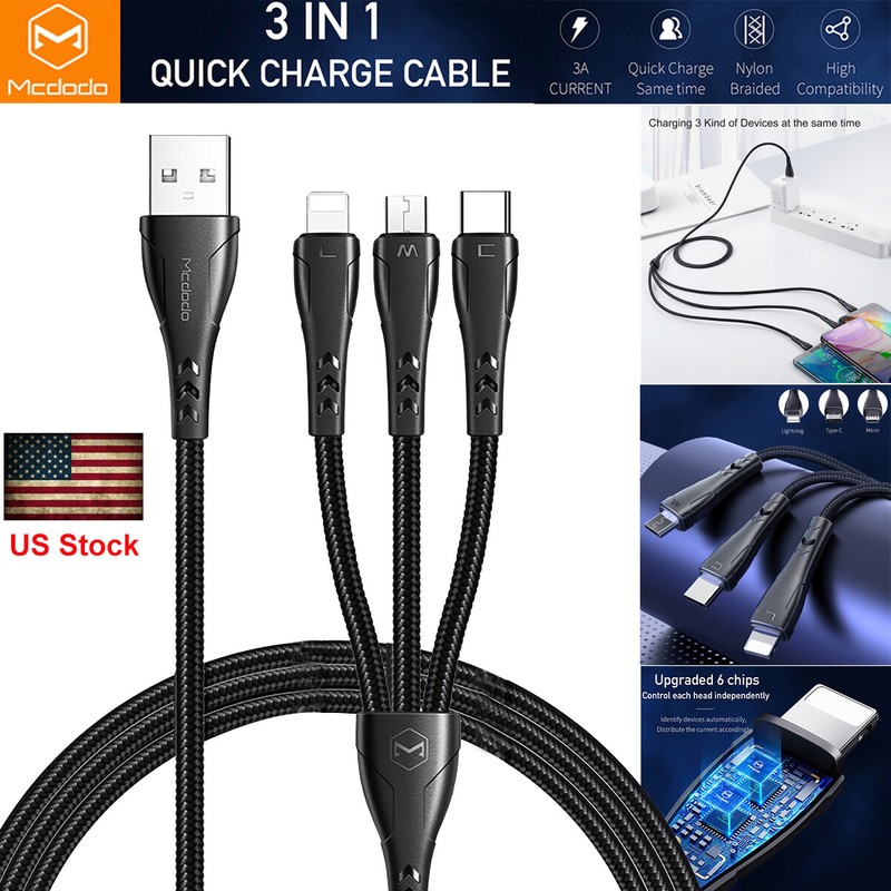 Mcdodo 3in1 Braided Type-C Micro USB Cable Charger for iPhone 12 11 Samsung S21