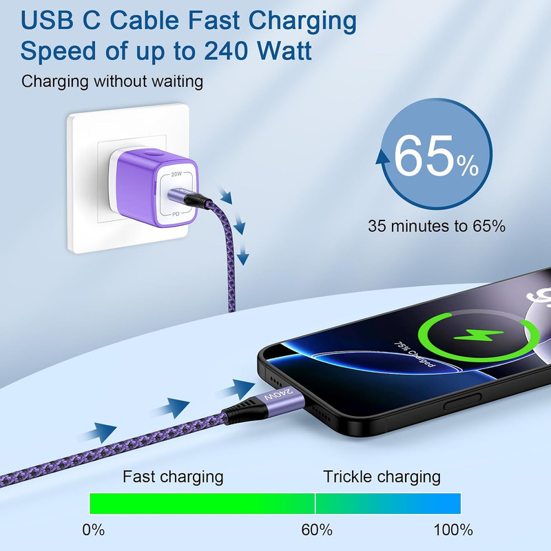 240W Fast Charging USB C to C Braided Cable 10ft for Samsung & iPhone 17 Pro Max gallery