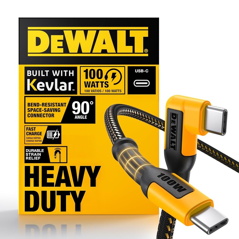 DEWALT Heavy Duty 90-Degree Angled 100W USB C Cable, Jobsite 100 Watt USB C Cabl