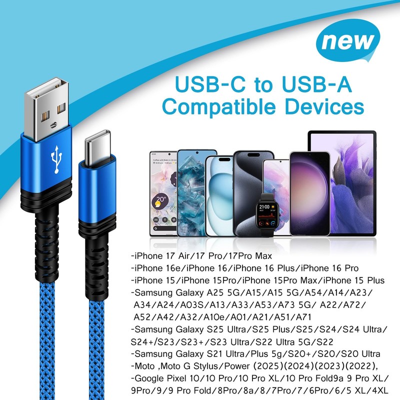 Type C Charger Fast Charging Cable For iPhone 17E 17 Pro Max 10FT Blue Wire PC gallery