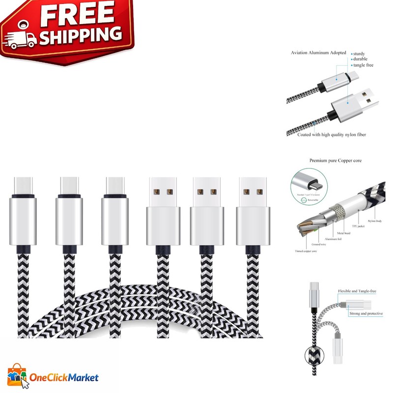 10ft USB Type C Cable 3-Pack – Quick Sync Charging & Nylon Braided Design