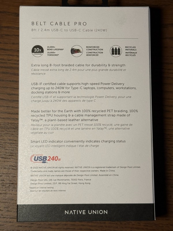 Native Union USB-C to USB-C Cable | 240W | 8ft | Belt Cable Pro with LED & Strap gallery