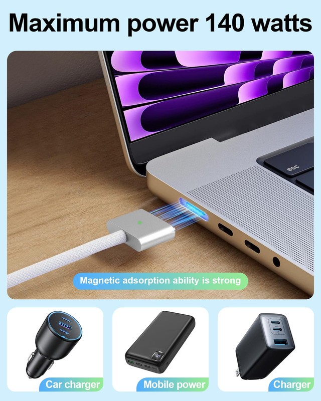 RULGOI 140W USB-C to Magnetic 3 Charging Cable, Compatible with 6.6FT, White gallery