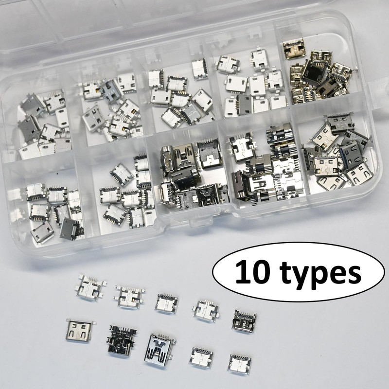 100 Pcs 10 Types Micro USB Female Connector Set, 5-Pin Micro USB Ports for Re... gallery
