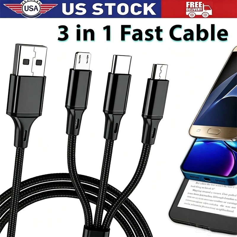 3 in1 Fast Charging Cable Cell Phone Charger Cord For iPhone Type C Micro USB