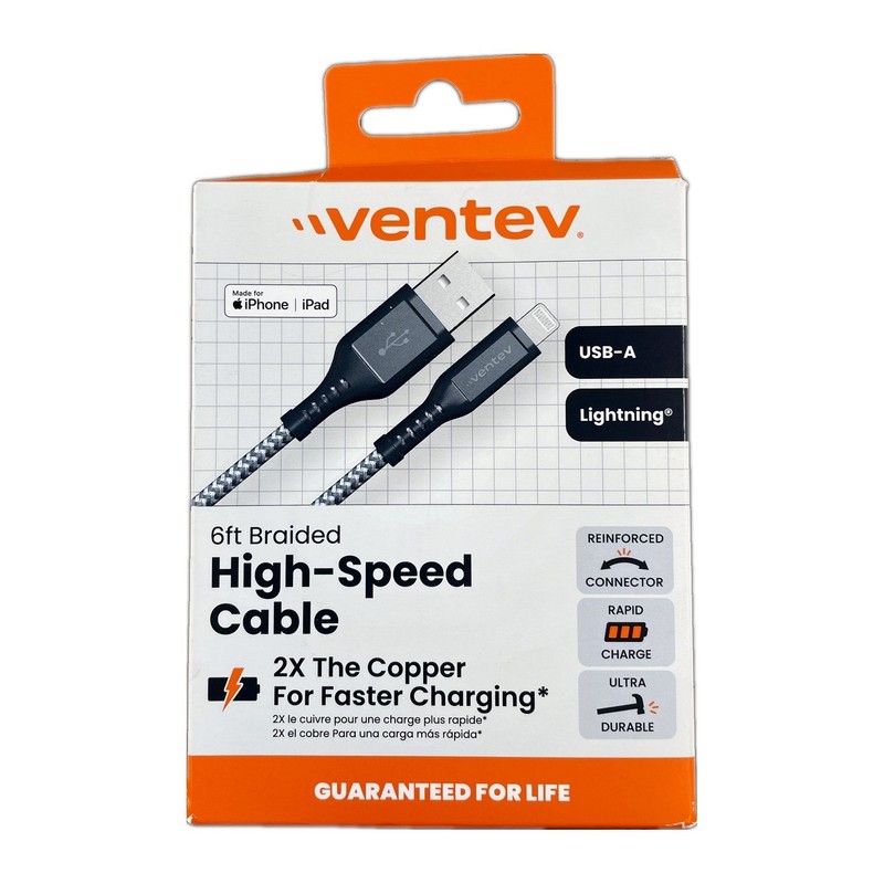 Ventev 6ft Braided Fast Charge USB-A to Apple -Compatible Charging Cable – Gray