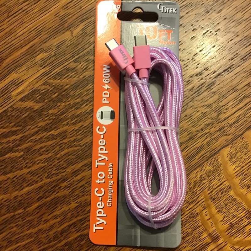 CBTEK 10ft Braided Nylon Type-C to Type-C Charging Cable PD 60W Pink