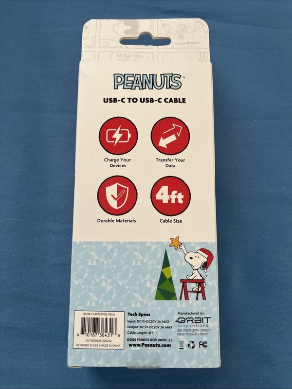 Peanuts Snoopy USB C To USB C Cable 4 Ft Christmas Holiday Charging Cord TREE gallery