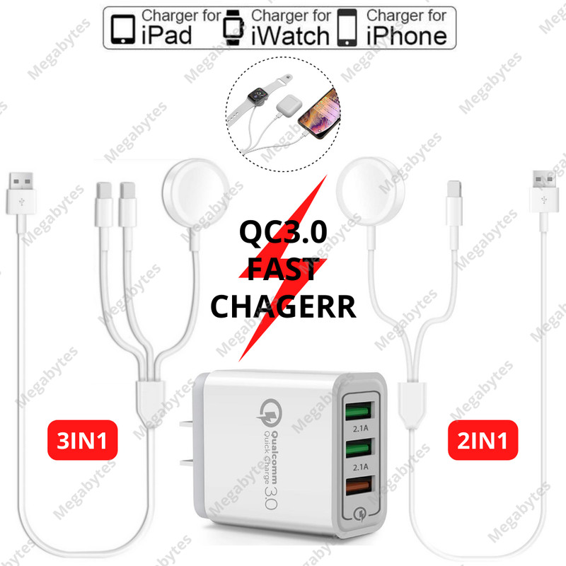 Magnetic 3 in 1 USB Fast Charger Cable Power Adapter For iPhone Watch iWatch 6 X