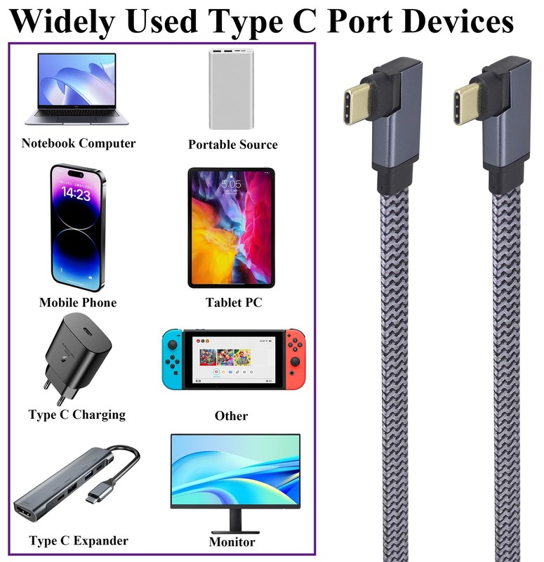 Flat Short Right Angled USB C to USB C Cable, 90 Degree 10Gbps 4K60Hz PD 60W ... gallery