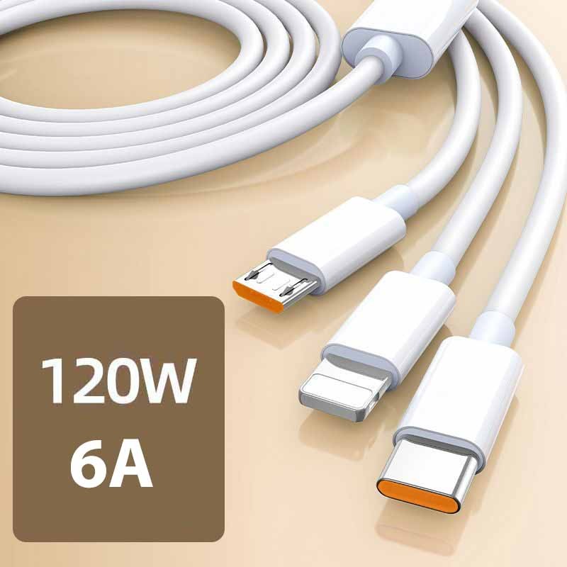 120W USB to C/Micro 3-in-1 Cable Phone Fast Lead Charger White 6A TPE Material