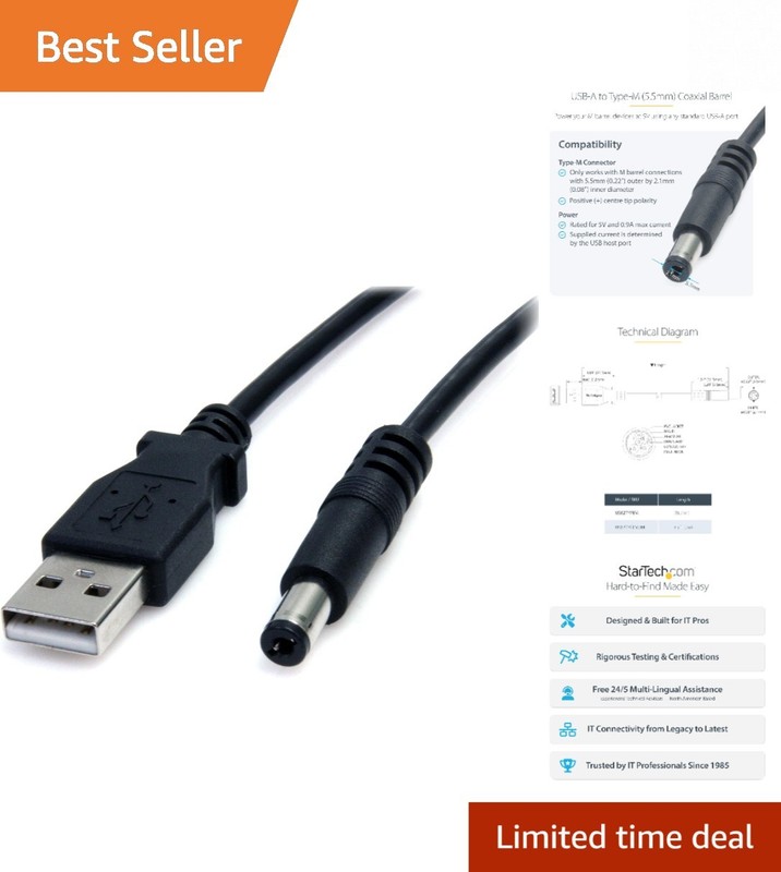 StarTech 3FT USB to Type M Barrel DC Power Cable – Durable 5V Charging Solution