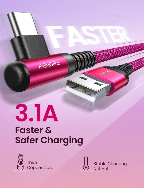 USB C Cable 4-Pack Fast Charging 3.1A Right Angle Nylon Braided 10/6.6/3.3ft Com gallery