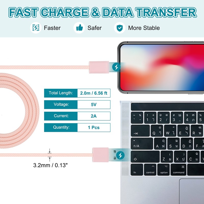 6.56ft USB Type C Charger Cable 2A Type-C to USB A Charging Data Cord Pink gallery
