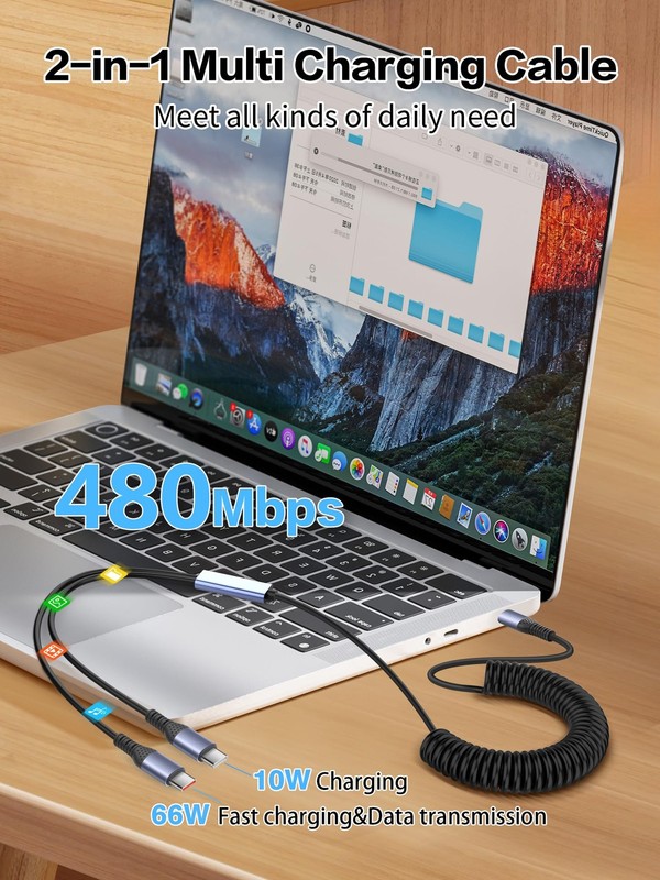 2-in-1 USB A/to Dual USB -Coiled Charger Cable,66W Fast Charging Retractable ... gallery
