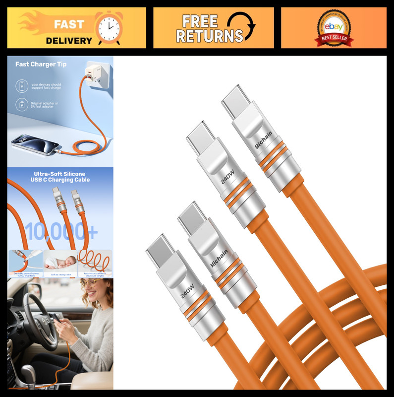 2 Pack USB C to USB C Cable 240W Fast Charging 4ft & 6.5ft, Waterproof Silicone
