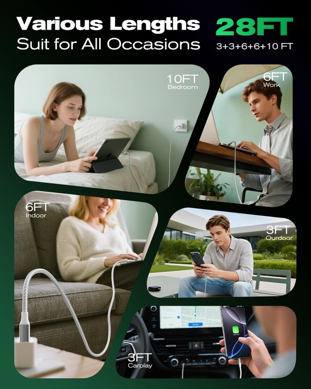 USB C to USB C Cable 5-Pack [3/3/6/6/10FT] 60W Fast Charging Nylon Braided Type gallery